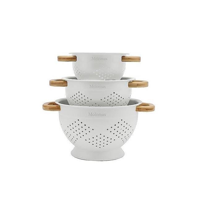 Molomax Set of 3 Enameled Metal Colander with Wooden Bamboo Handles | Light White Icing| 1.5Q, 3Q, 5Q