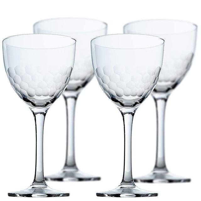 Nick and Nora Coupe Cocktail Glasses - Handblown Set of 4, Small, Hand Etched Vintage Coupe Glass to Serve a Manhattan, Martini, Aperitif, Algonquin, or Port Wine, 5-ounce (Honeycomb Hammered, 4)
