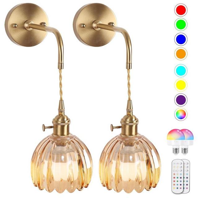 Vintage Battery Operated Wall Sconces Sets Of Two,Indoor not Hardwired Amber Tulip Glass Lampshade Fixtures,Rechargeable Wireless RGB Wall Lights with Dimmable Remote Control,for Bedroom Living Room