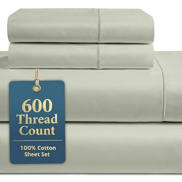 LANE LINEN King Size Sheets – 600 Thread Count Long-Staple 100% Cotton King Bed Sheets, Sustainably Produced & Oeko-Tex Certified, Soft Silky Sateen Finish, 15" Deep Pocket Fitted Sheet – Mineral