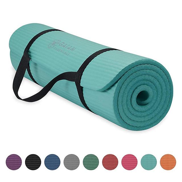 Gaiam Essentials Thick Yoga Mat Fitness & Exercise Mat with Easy-Cinch Yoga Mat Carrier Strap (72"L x 24"W x 2/5 Inch Thick)