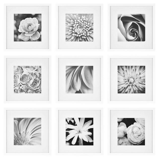 Gallery Perfect White Square Photo Frame Gallery Wall Kit with Decorative Art Prints and Hanging Template