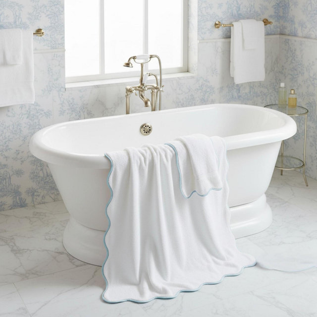Lotus Linen Luxury Scallop Piping Bath Towel Sets Dispenza Blue Bath Sheet