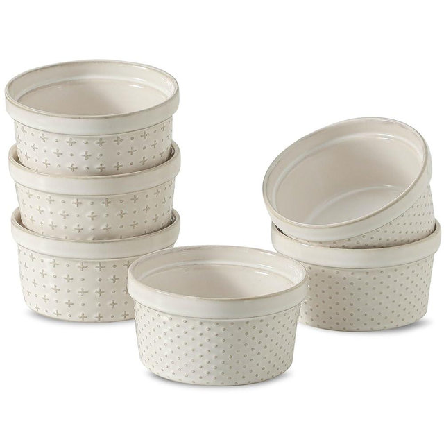Seyatoo 8 oz Ramekins Oven Safe Set of 6, Souffle Dish Baking Bowls, Ceramic Creme Brulee Ramekins Bowl, Custard Dessert Cups for Pudding Yogurt Ice Cream, Glazed White