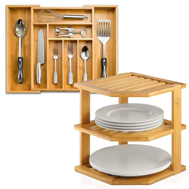 Bamboo Corner Kitchen Shelf and Expandable Bamboo Silverware Organizer