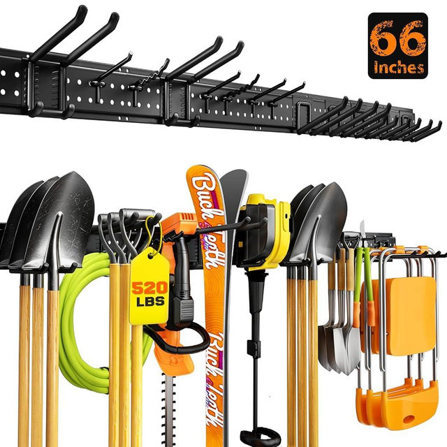 ZICANYCO Garage Tool Organizer Wall Mount 66 inches with 13 Adjustable Heavy-Duty Hooks, Garage Organization, Garden Tool Storage Rack for Garage, Yard, and Shed, Holds Up to 520 lbs