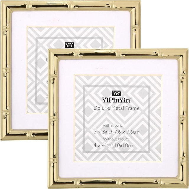 YiPinYin 4x4'' Gold Bamboo Design Metal Frame with mat for 3x3'' Set of 2, 3x3'' Elegant Gold Plated Metal Frame, Soft Touch Velvet Mat Desktop Frame