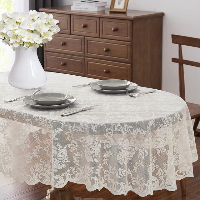 ASATEX 60 x 84 Inch Ivory Oval Lace Tablecloth. Classic Stylish Floral Pattern is Ideal Choice for Any Luxury Dining Room, Birthday, Wedding or Holiday Celebration. MIT Oval Ivory 84"