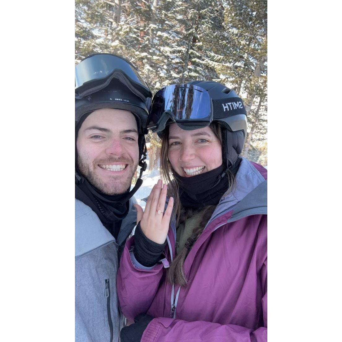 Right after our proposal at Kirkwood! Our fav winter activity is hands-down skiing! Fun fact -- we went skiing during our first official date!