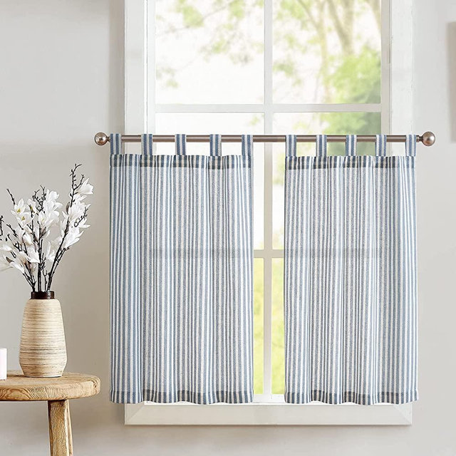 JINCHAN Kitchen Curtains Linen Striped Tier Curtains 36 Inch Length Ticking Stripe Cafe Curtains Pinstripe Farmhouse Small Window Curtains Tab Top for Living Room Bathroom RV 2 Panels Blue on Beige