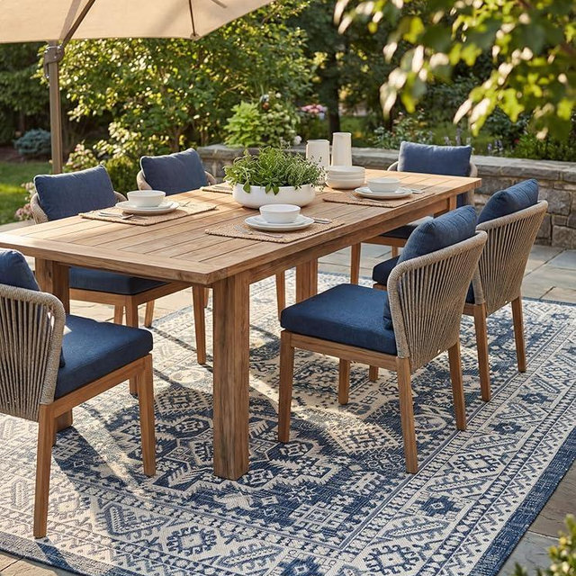 Rugs.com Outdoor Aztec Collection Rug – 4' x 6' Blue Flatweave Rug Perfect for Living Rooms, Large Dining Rooms, Open Floorplans