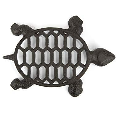 gasaré, Cast Iron Trivet, Decorative Turtle Design, for Hot Dishes, Pots, Kitchen, Countertop, Dining Table, with Rubber Feet Caps, Solid Cast Iron, 12 x 9 Inches Large, Rustic Brown Finish, 1 Unit