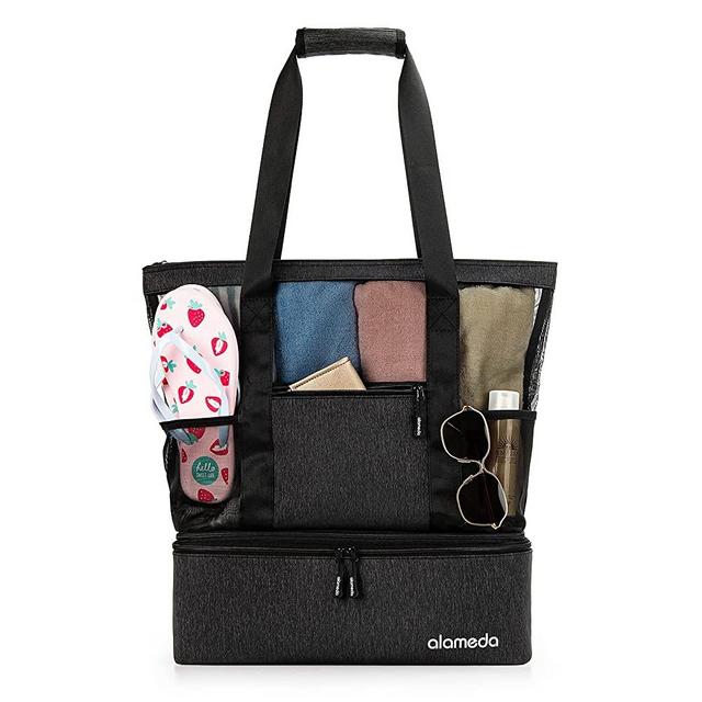 Mesh Tote Beach Bag - Cooler Bags Insulated for Travel, Zipper Top High Capacity Beach Pool Bag