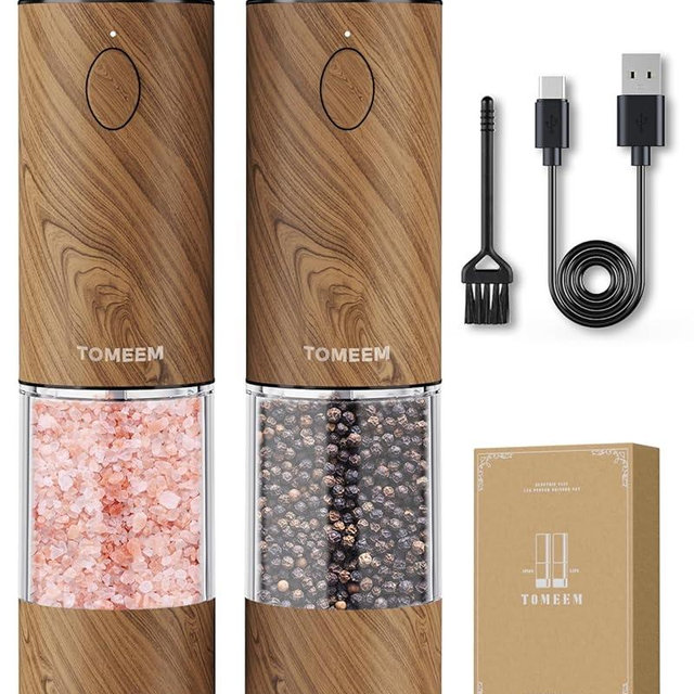 TOMEEM Upgraded Larger Capacity Electric Salt and Pepper Grinder Set Rechargeable with LED lights, Stainless Steel Automatic Pepper and Salt Grinder Refillable with 5 Adjustable Coarseness Wood Grain