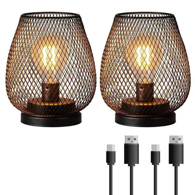 DECORKEY Set of 2 Rechargeable Lamp LED Table Lantern, Brown Metal Cage Cordless Lamps with LED Bulb，Vintage Decorative Outdoor Lantern for Weddings, Parties, Patio, Events for Indoors Shelf Decor