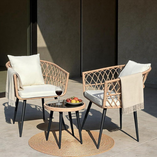 3 -Piece Outdoor Patio Furniture Set, All-Weather PE Rattan Conversation Set for Apartment Balcony/Small Backyard, Waterproof Cushions & Powder-Coated Steel Frame, Modern Beige (2 Chairs + Table)
