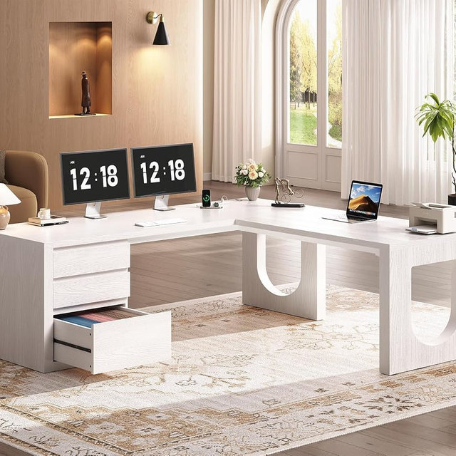 SEDETA Modern L Shaped Desk with 3 Drawers, 63" Executive Office Desk with File Drawer, Wood Corner Computer Desk with U-Shaped Legs & Relief Texture, Home Office Desk with Power Outlet, White