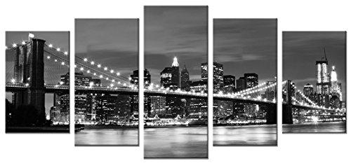 Wieco Art Brooklyn Bridge Night View 5 Panels Modern Landscape Artwork Canvas Prints Abstract Pictures Sensation to Photo Paintings on Canvas Wall Art for Home Decorations Wall Decor