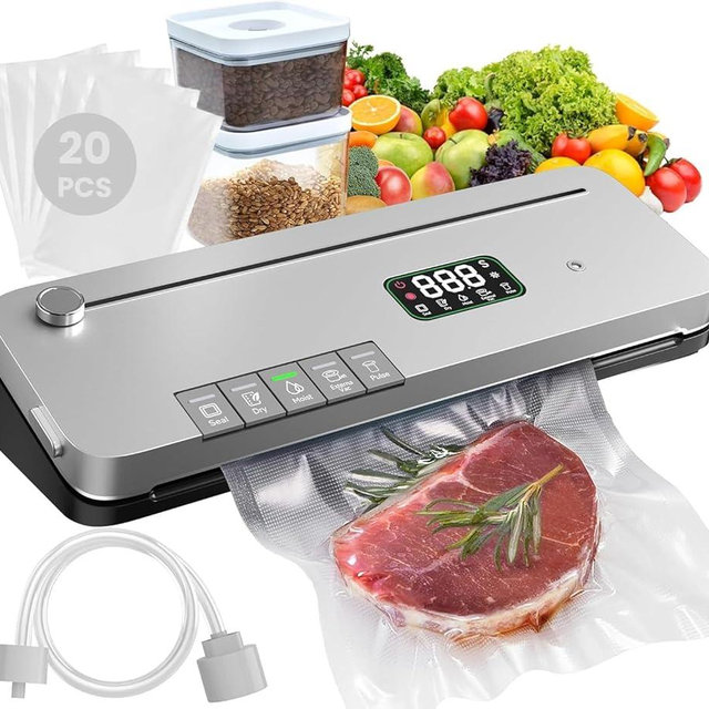 Food Vacuum Sealer Machine, 75KPa Strong Suction, Digital Timer, Built-in Cutter, Pulse Function, Dry & Moist Modes, External Vacuum for Jars & Containers, 20 Vacuum Sealer Bags Included