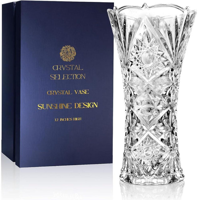 CS Crystal Vase 12-inch high, Sunshine Design, for Flowers & Decor. Lovely Nice Shiny Piece. Perfect as a Gift, Suitable for All Occasions.