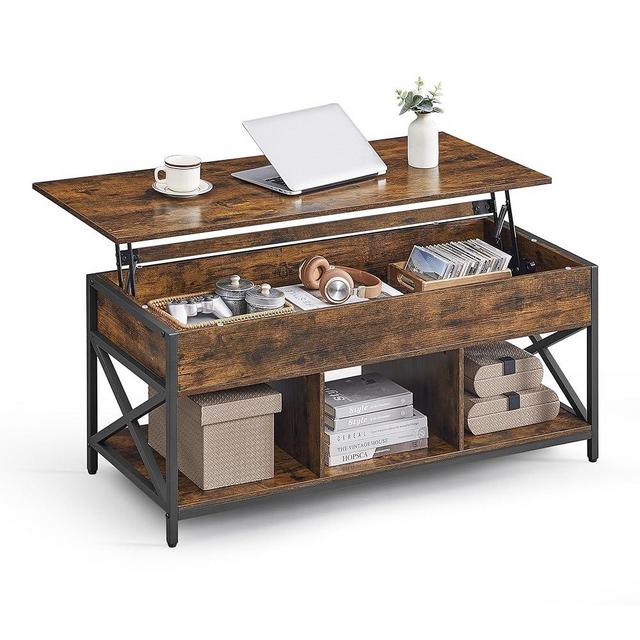 VASAGLE Lift Top Coffee Table for Living Room, Industrial Coffee Table with Hidden Compartments and Storage Shelf, Steel Frame, 19.7 x 47.2 x (19.3-24.4) Inches, Rustic Brown and Black ULCT212B01