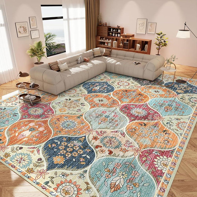 IKALIFE Vintage Washable Rug 8x10 - Machine Washable Floral Area Rugs with Non Slip Backing for Living Room Bedroom Dining Room Stain Resistant, Home Office Decor, Soft Low-Pile Carpet, Orange