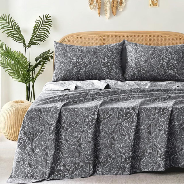 ILVOE Queen Size Bed Sheets, 4 Piece Floral Pattern Sheets Queen, 17" Deep Pocket Sheets, Grey Paisley