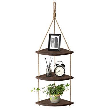 Mkono Hanging Corner Shelf 3 Tier Jute Rope Wood Wall Floating Shelves Rustic Organizer Displays Storage Rack Home Decor for Living Room Bedroom Bathroom Kitchen, Dark Brown