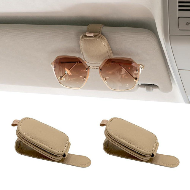 Yuoyar Magnetic Leather Sunglasses Holder for Car, 2 Packs (Beige) | Magnetic Car Visor Accessories