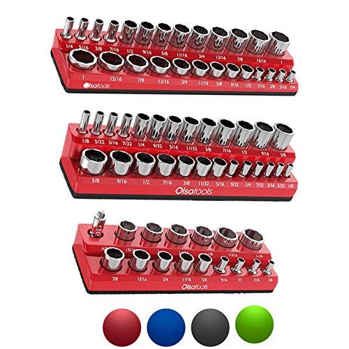 Olsa Tools Magnetic Socket Organizer | 3 Piece Socket Holder Kit | 1/2-inch, 3/8-inch, 1/4-inch Drive | SAE Red | Holds 68 Sockets | Premium Quality Tools Organizer