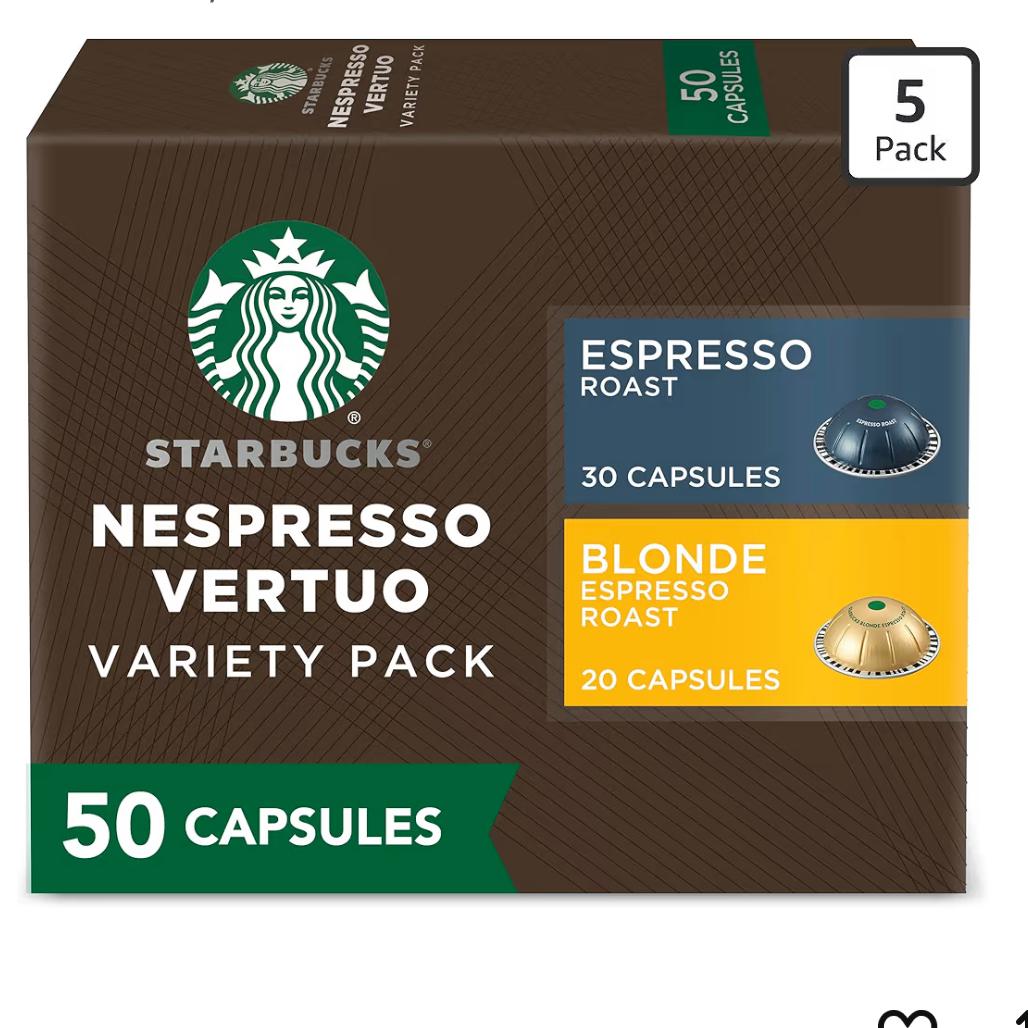 Starbucks by Nespresso Vertuo, Blonde & Dark Roast Variety Pack Coffee & Espresso, 50-count Coffee and Espresso Pods, Brews 7.8 oz and 1.35 oz.
