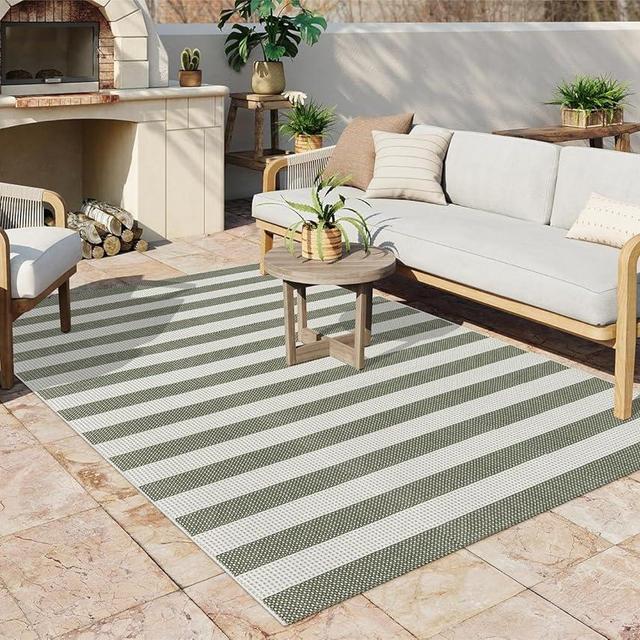 OJIA Outdoor Patio Rug 5'x7', Green and White Striped Rug Machine Washable Large Area Rugs Cotton Woven Indoor Outdoor Rugs for Bedroom/Living Room/Front Porch/Deck/Backyard/Camping