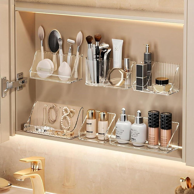 MORNITE 3 Pcs Medicine Cabinet Tray Organizer, Small Adhesive Bathroom Vanity Floating Shelves Storage for Toilet, Mirror, Wall, Countertop, Clear