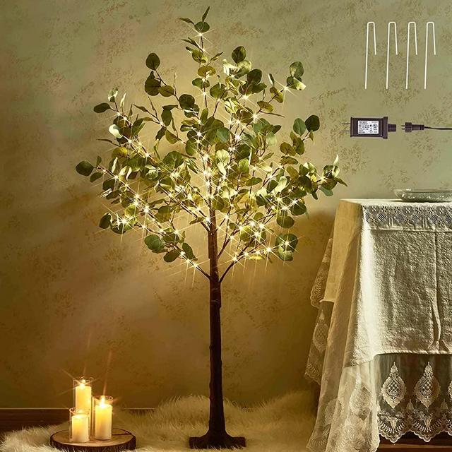 Hairui Lighted Eucalyptus Tree Plug in 4FT 160 Warm White LED Artificial Greenery Tree with Lights for Wedding Spring Easter Christmas Holiday Home Party Decoration