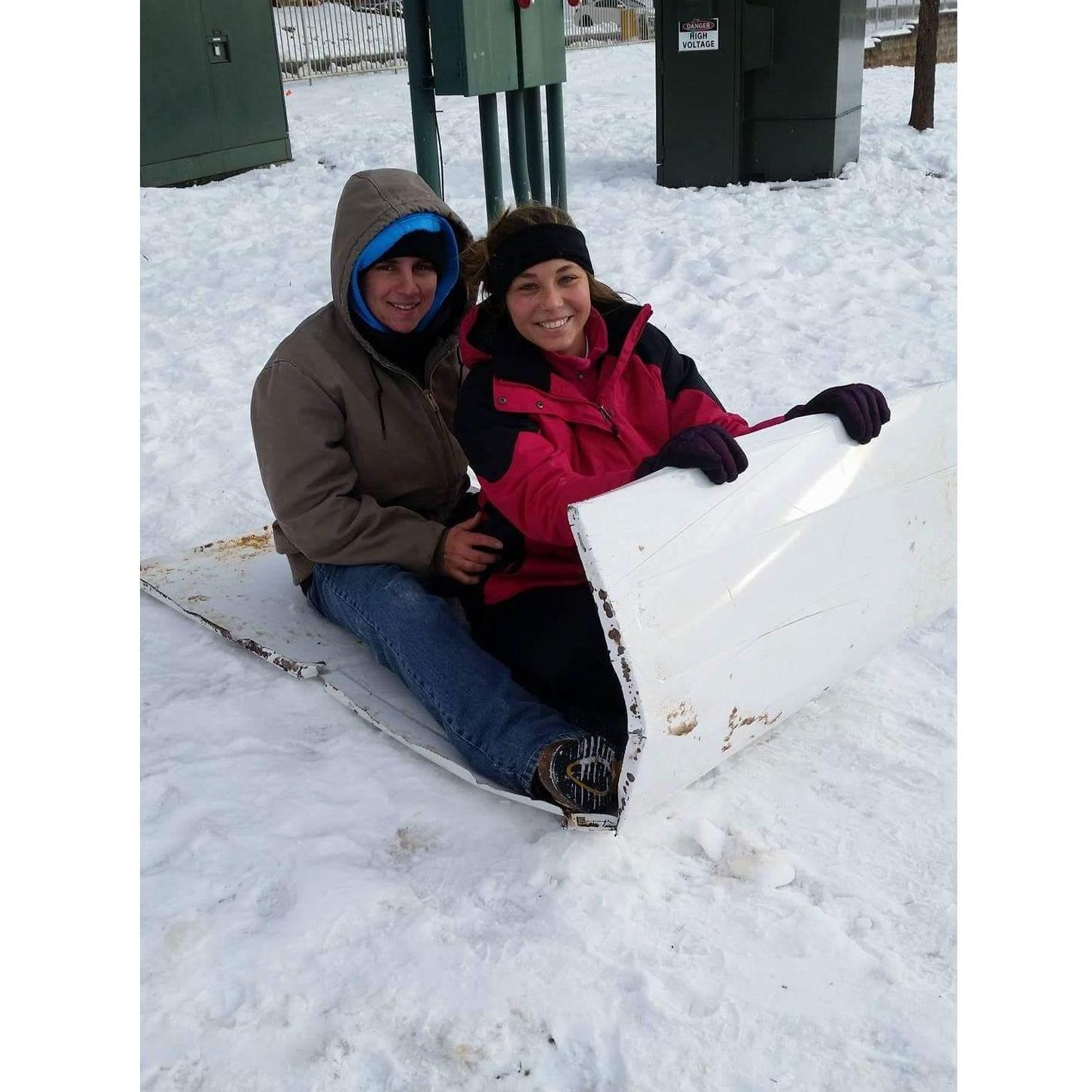 Sledding adventures at WCU...Rachel ripped her pants on the sled seconds after this picture was taken.
