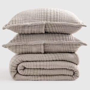 Organic Cotton Channel Stitch Coverlet Set - Taupe, Full/Queen
