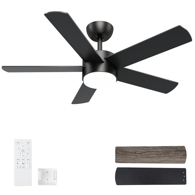 POCHFAN 42 inch Black Ceiling Fans with Lights and Remote Control, LED Ceiling Fan Dimmable 3 CCT 6-Speed, Noiseless Modern Ceiling Fan for Bedroom, Living Room, Dining Room, ETL Listed