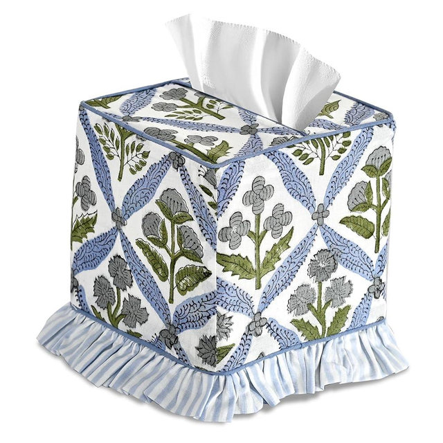 Ridhi Light Steel Blue Block Print Ruffle Tissue Box Cover Handmade Cotton Decorative Square Napkin Holder for Home Bedroom Living Room Bathroom Vanity Countertop Car Office Kitchen