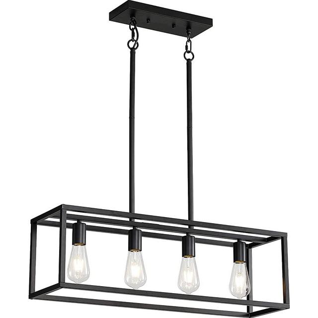 XISLTHOTSL Black Kitchen Island Lighting, 4 Lights Industrial Vintage Chandelier, Modern Linear Rectangular Cage Hanging Light Fixture for Farmhouse Kitchen Dining Room Bar(Metal, Height Adjustable)