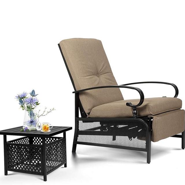 Omelaza Outdoor Adjustable Lounge Chair Patio Metal Relaxing Recliner Sofa Chair and Umbrella Bistro Table Set with Removable Cushions - Support 300lbs (Brown)