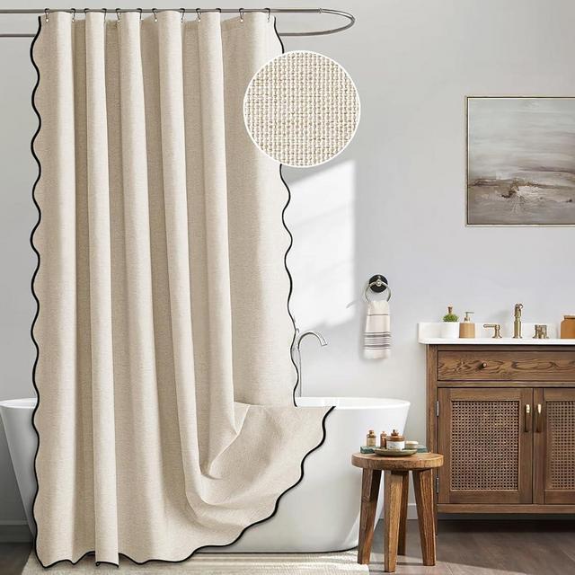 MIULEE 84" Long Scalloped Shower Curtain Linen Textured with 12 Metal Hooks Cute Extra Long Heavy Duty Washable Waterproof Cloth Shower Curtains with Black Border for Bathroom Hotel Bathtub,Beige
