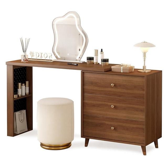 Messenya Vanity Desk with Mirror and Lights for Bedroom Furniture, Makeup Table and Chair Stool Set for Girls' vanities,Dressing Table with a 3-Drawer Dresser and 3 Color Lighting Modes