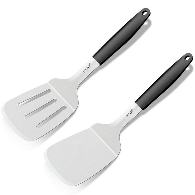 POTWIY 2 Pcs Stainless Steel Spatula Set, 11.3 x 3.1In Metal Spatulas for Kitchen Use, Cast Iron Skillet Cooking, Solid and Slotted Turner with Heat Resistant Handle, Flipper for Steak, Eggs, Burgers