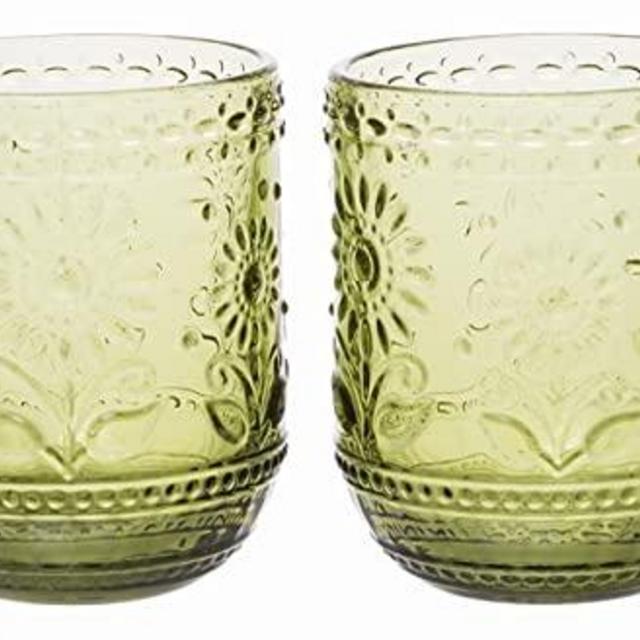 Vintage Botanist Drinking Glass Set, Luxurious Floral Embossed Decorative Green Glassware, Set of 4, 4-inch, 12 oz