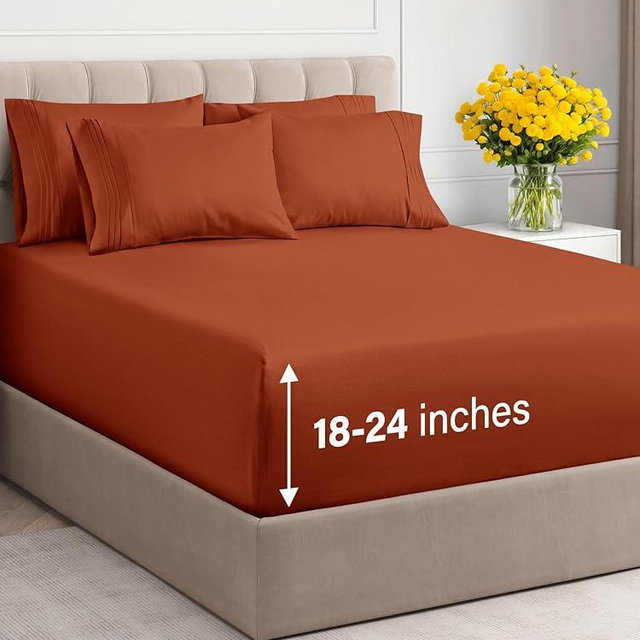 Extra Deep Queen Sheet Set - 6 Piece Breathable & Cooling Sheets - Hotel Luxury Bedding Set with 18-24 Inch Extra Deep Pockets - Easy Fit - Super Soft, Wrinkle Free and Comfy - Terracotta, Queen Size