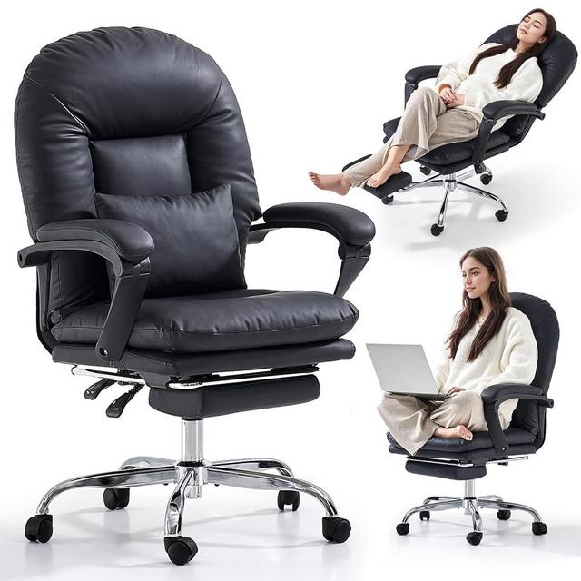 EMIAH Ergonomic Office Chair with Foot Rest Criss Cross Chair with Wheels Reclining Executive Office Chair Mid Back PU Leather Swivel Computer Chairs Lumbar Support for Home Office (Black)