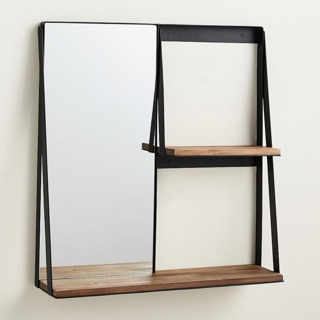 Trenton Mirror with Ledges, Bronze Metal/Rustic Wood, 24.25"W