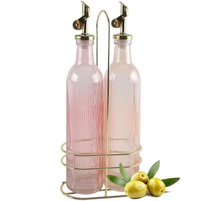 COOK WITH COLOR Glass Olive Oil Bottle Dispenser - 2 Pack- 17oz Oil and Vinegar Cruet - Olive Oil Carafe Decanter for Kitchen (Pink)