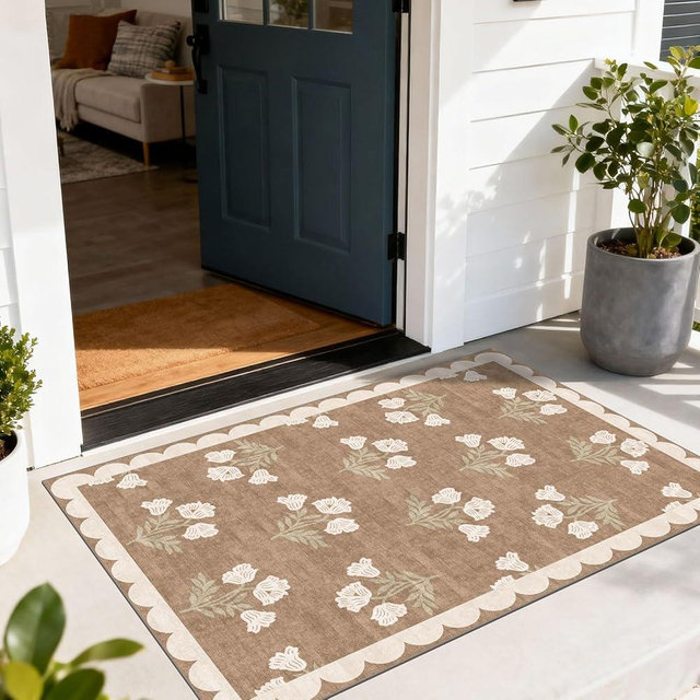 Othilic Floral Outdoor Rug - 28" x 43" Spring Front Door Mat Indoor Outside Entrance Non-Slip Washable Outdoor Mat Tan Boho Neutral Farmhouse Throw Rugs for Entryway Kitchen Bedroom Front Porch Decor