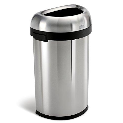 simplehuman 60 Liter / 15.9 Gallon Commercial Heavy-Gauge Stainless Steel Large Semi-Round Open Trash Can, Brushed Stainless Steel